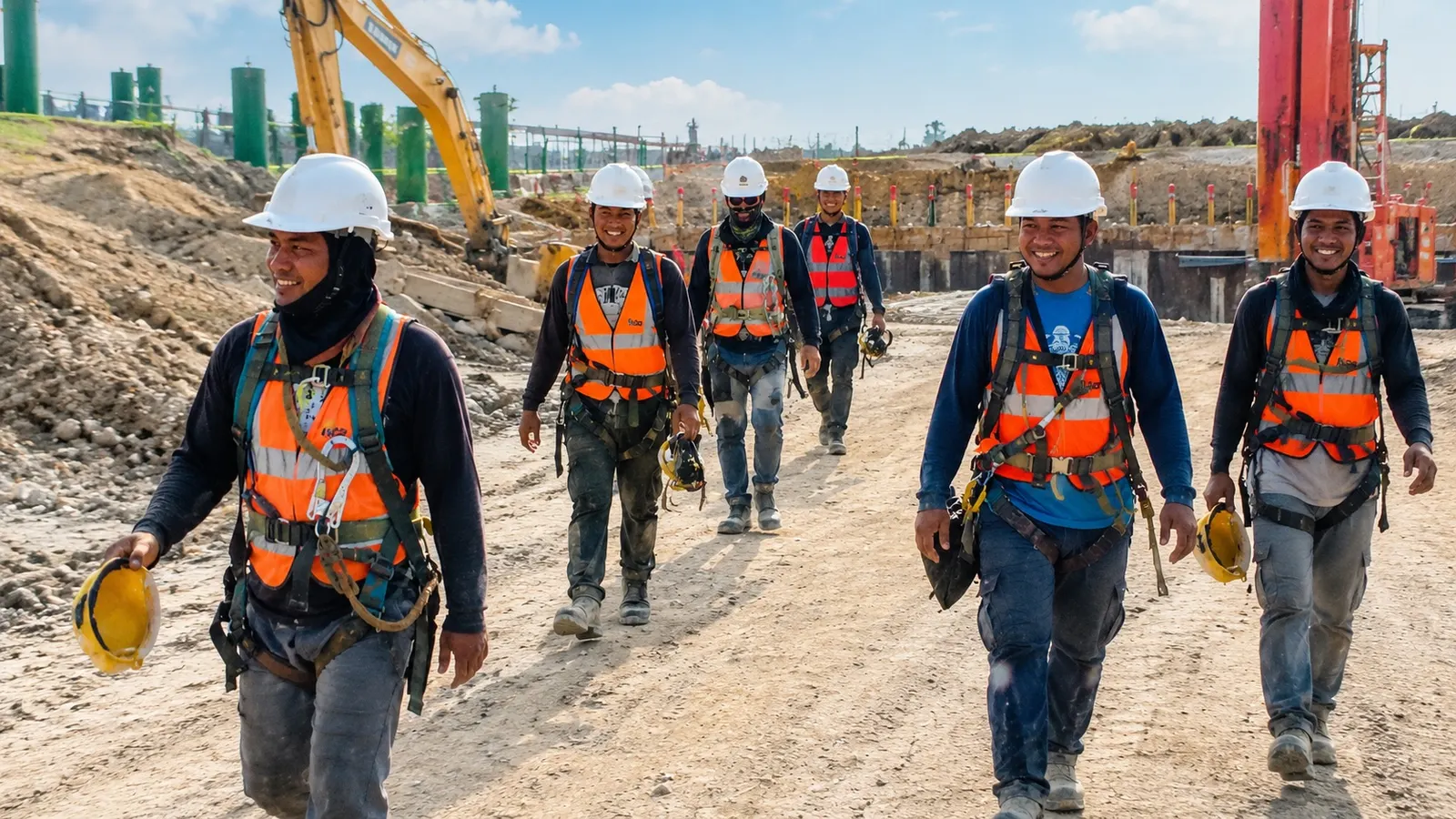 Workers at a construction site at the beginning of their first workday
